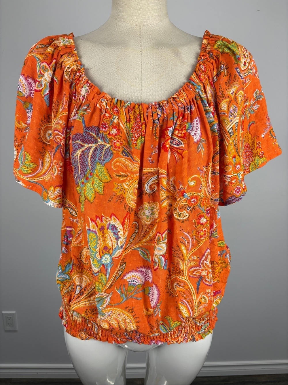 Nicole Miller NY Orange Paisley Floral Print Blouse Top Large Boho